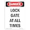 Signmission OSHA Danger Sign, Lock Gate At All Times, 5in X 3.5in Decal, 10PK, 3.5" W, 5" L, Portrait, PK10 OS-DS-D-35-V-2151-10PK - alternate 1